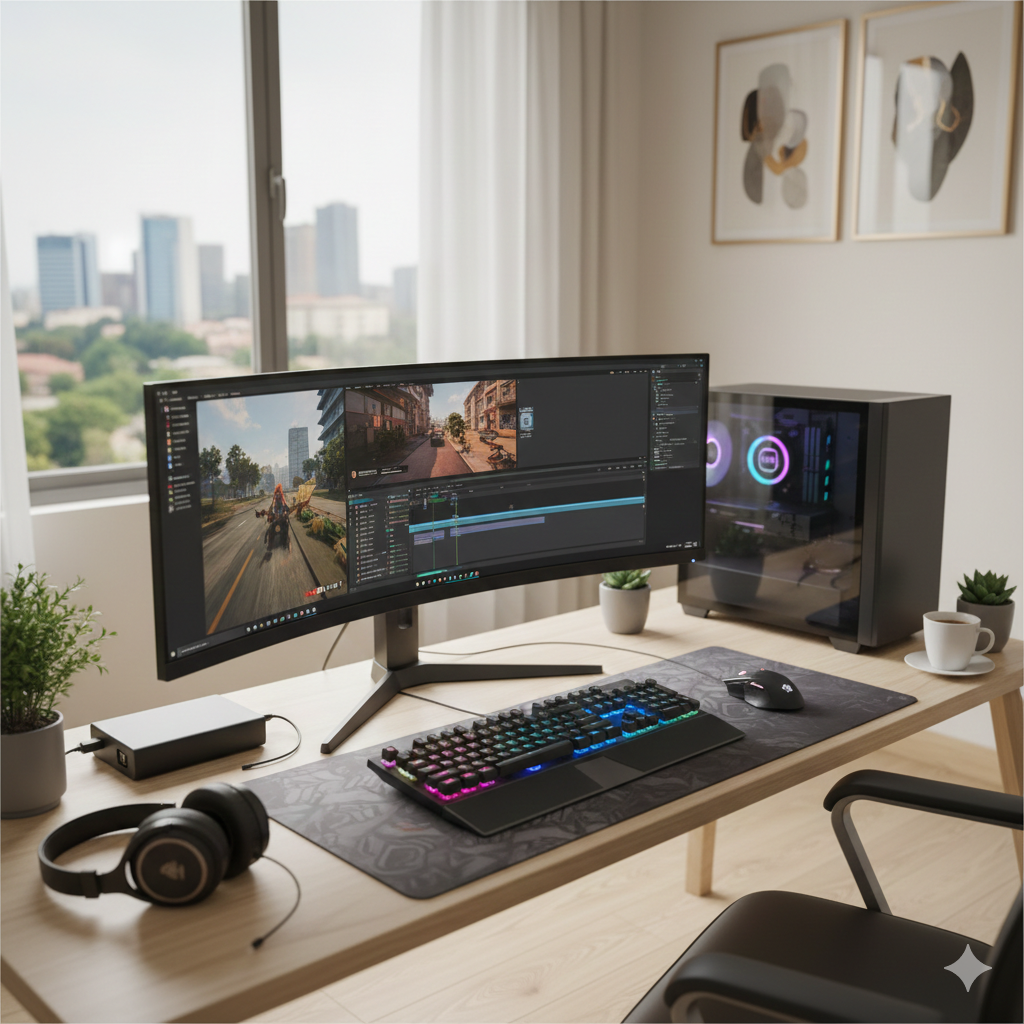 Modern desk setup with a widescreen monitor