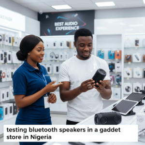 testing bluetooth speakers in a gadget store in Nigeria